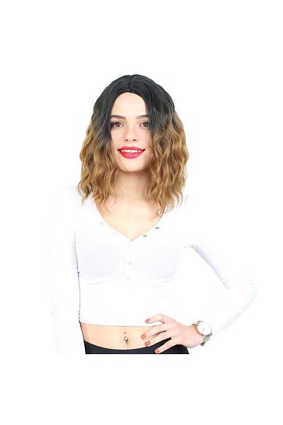 KONAK PERUK Fiber Synthetic Short Wavy Rivetless Wig - Black / Caramel Ombreli