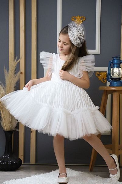 ABİYEKİDS Buckle Line Pattern White Children's Evening Dress 23April Show Dress ABY133