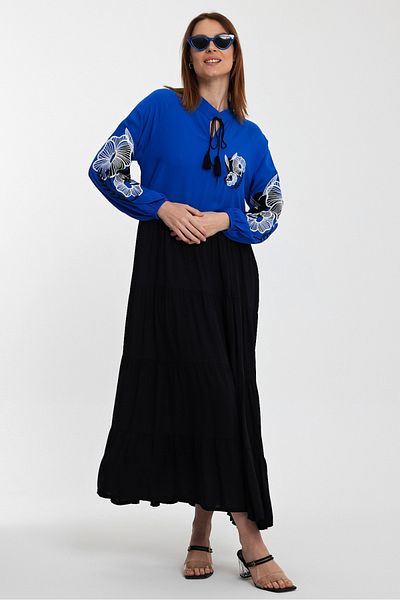 AYASOFYA OTANTIK Women's Black Blue Placket Collar Embroidery Detail Long Sleeve Long Dress