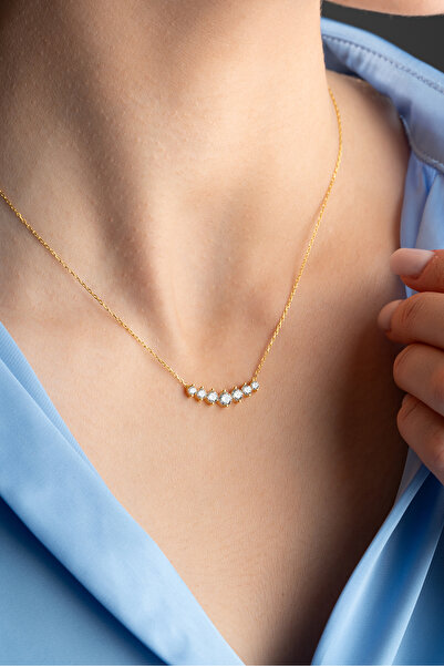 Nereze 925 Ayar Gümüş Gold Kaplama Sıralı 7 Zirkon Taşlı Tasarım Kolye