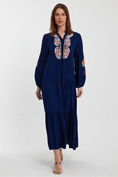 AYASOFYA OTANTIK Women's Navy Blue Placket Collar Embroidery Detailed Loose Long Sleeve Long Dress