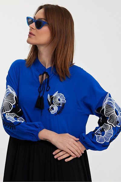 AYASOFYA OTANTIK Women's Black Blue Placket Collar Embroidery Detail Long Sleeve Long Dress