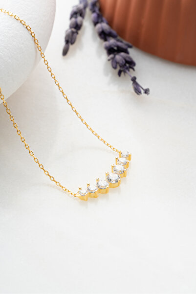 Nereze 925 Ayar Gümüş Gold Kaplama Sıralı 7 Zirkon Taşlı Tasarım Kolye