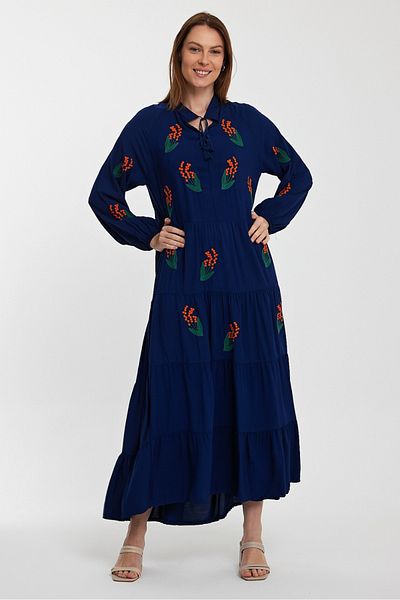 AYASOFYA OTANTIK Rochie etnică autentică, cu mânecă lungă, cu broderie florală, albastru bleumarin