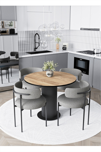 AVVİO Duru Bohem Ayak 4'lü Teddy Sandalye 90x90 Masa Sandalye Takımı ( Sandalye Bukle Kumaş)