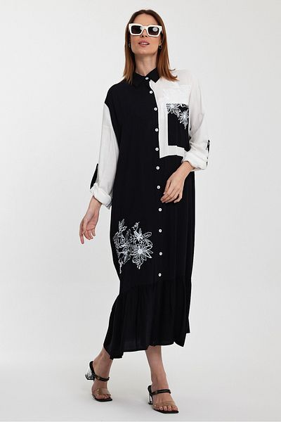 AYASOFYA OTANTIK Women's Black and White Embroidery Detailed Foldable Long Sleeve Shirt Dress