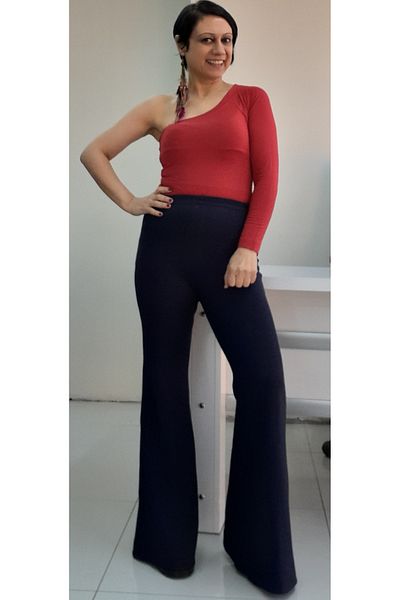 Mertcan Butik Navy blue elastic waist Spanish leg knitted pants