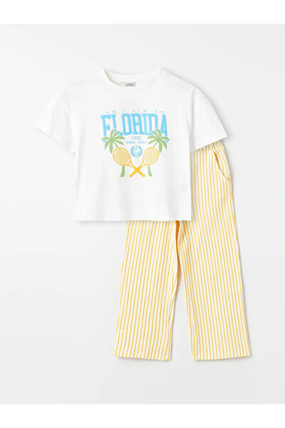 LC Waikiki LCW Kids Crew εμπριμέ κοντομάνικο μπλουζάκι και παντελόνι για κορί...