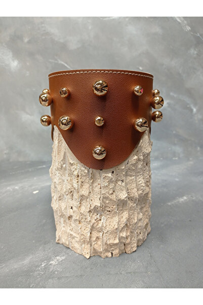 X MERMER DERİ AKSESUARLI METAL TOPLU TRAVERTEN MERMER VAZO-25 CM