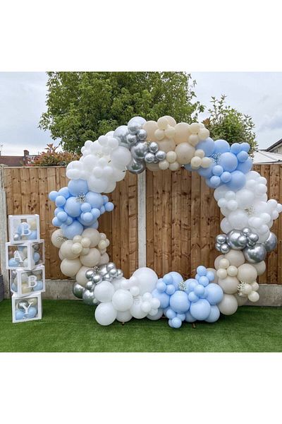 eğlencemarketi Blue Sea Sand and White Balloon Chain - 100 Pieces Chrome Silver Tubing