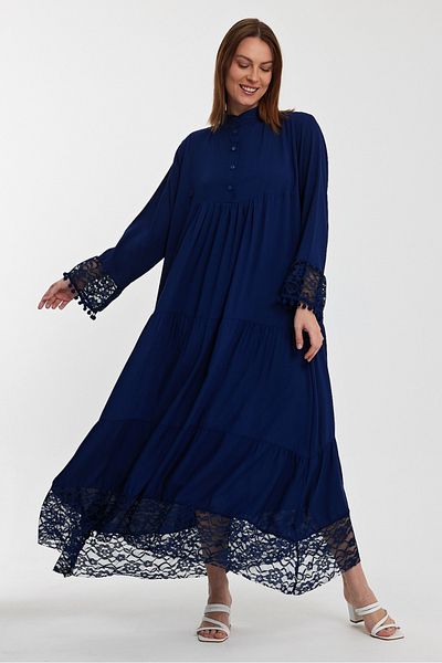 AYASOFYA OTANTIK Rochie de damă, albastru bleumarin, cu guler cu nasturi, cu detaliu din dantelă