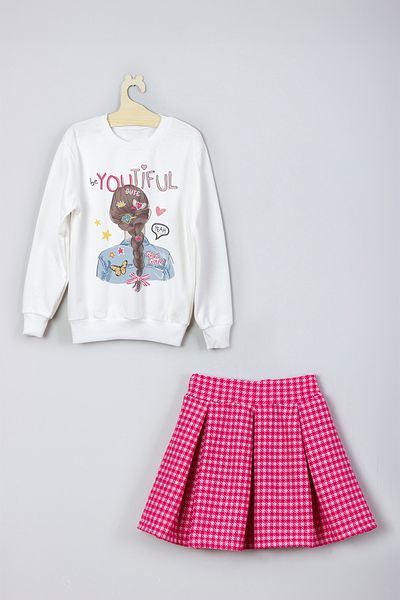 ADA BEBEK ÇOCUK New Season Braided Girl Printed Skirt Sweat Set