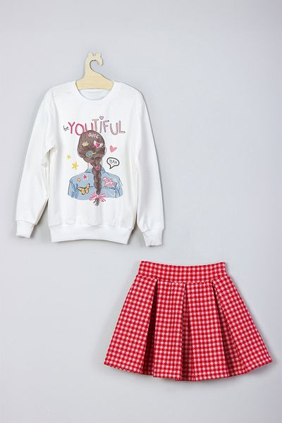 ADA BEBEK ÇOCUK New Season Braided Girl Printed Skirt Sweat Set