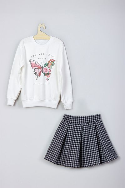 ADA BEBEK ÇOCUK New Season Butterfly Patterned Sweatshirt and Skirt Set