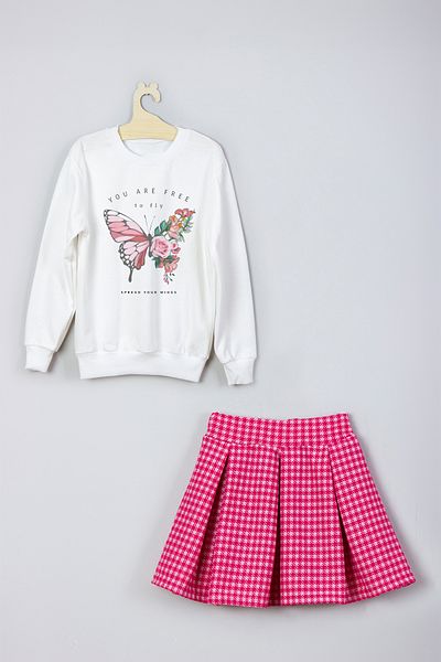 ADA BEBEK ÇOCUK New Season Butterfly Patterned Sweatshirt and Skirt Set