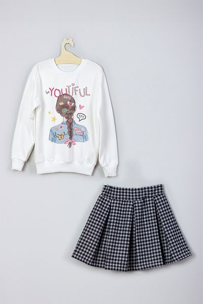 ADA BEBEK ÇOCUK Braided Printed Skirt Sweat Set