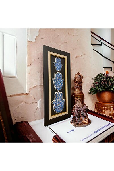 AYGEN Seramik Çini Fatma'nın Eli Kabartma Rölyef Nazar Tasarımlı Mavi Çerçeveli Özel Tasarım Tablo