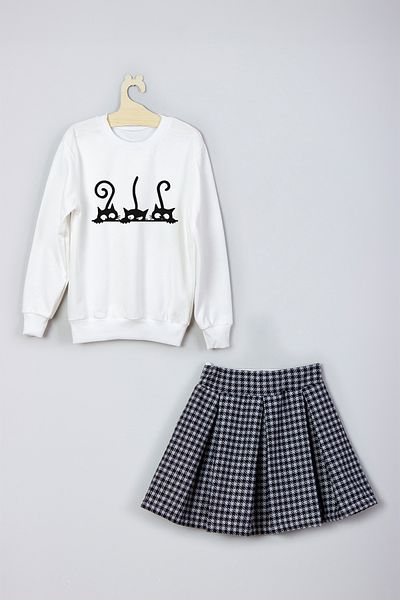 ADA BEBEK ÇOCUK New Season Cute Cats Patterned Skirt Sweat Set