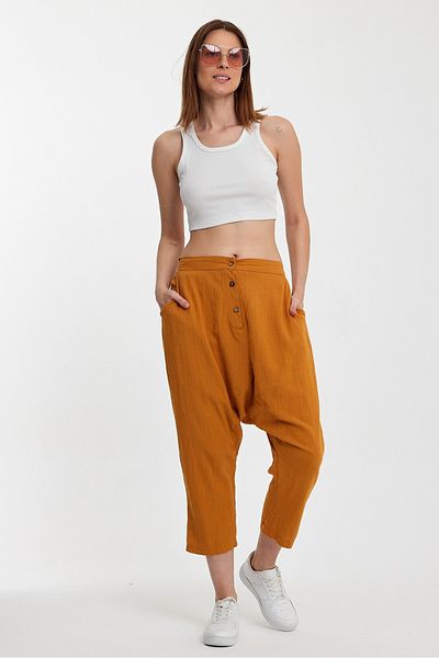 AYASOFYA OTANTIK Mustard Linen Shalwar - Women's, Elastic Waist and Buttoned Trousers