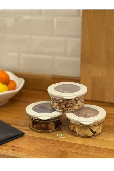 ECO KİTCHEN 3-Piece Glass Storage Container, Vacuumed Lid, Breakfast, Dispenser Storage, Organizer 415 cc