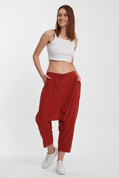 AYASOFYA OTANTIK Women's Brick Colored Elastic Waist Buttoned Linen Shalwar Trousers