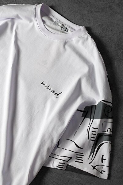 Slatra Men's White Mixed Side Print Oversize T-shirt