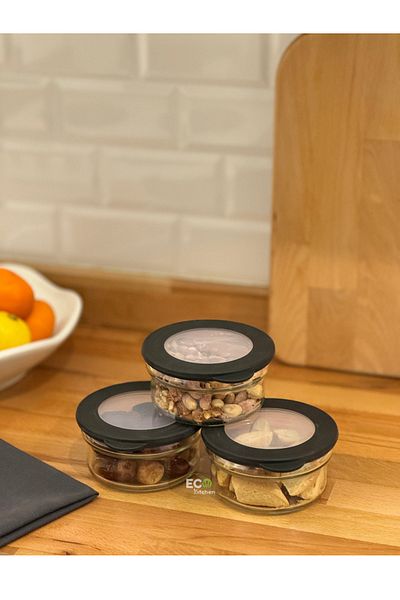 ECO KİTCHEN 3-Piece Glass Storage Container, Vacuumed Lid, Breakfast, Dispenser Storage, Organizer 415 cc