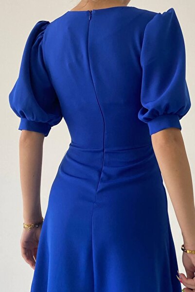 barış sülün lovebox Kadın Pamuklu Atlas Kumaş Düğme Detay V Yaka Kısa Kol Midi Boy Saks Mavi Abiye Elbise 153