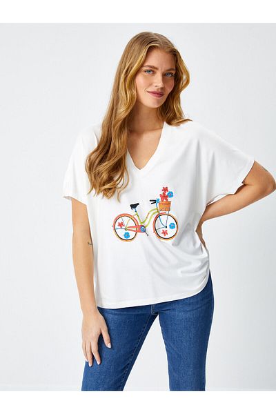 Faik Sönmez Bicycle Printed V-Neck Short Sleeve T-Shirt 68653