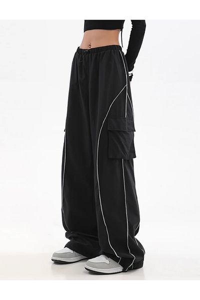 Köstebek White Stripe Cargo Pocket Parachute Fabric Jogger Sweatpants Trousers