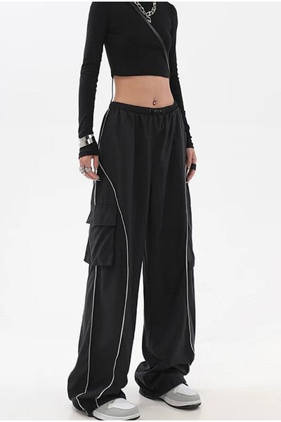 Köstebek White Stripe Cargo Pocket Parachute Fabric Jogger Sweatpants Trousers