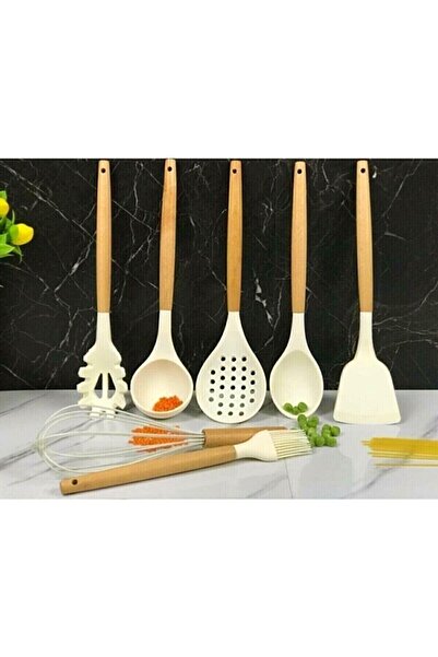 Senin Dükkanın 7 Piece Bamboo Handle Silicone Ladle Spatula Kitchen Set Cream...