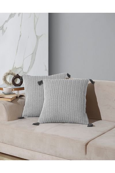 Lux Touch Vera Anthracite 2-Piece Throw Pillow Cover Set - 45x45 cm PomPom ZiPPered Tasseled Pillow Cushion
