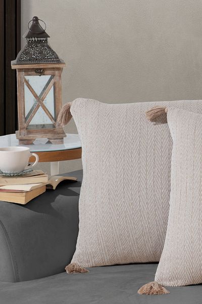 Lux Touch Κάλυμμα μαξιλαριού με φούντα Vera Beige με φερμουάρ - 45 x 45 cm Ριχτάρι μαξιλαριού 2 τεμαχίων Pompom