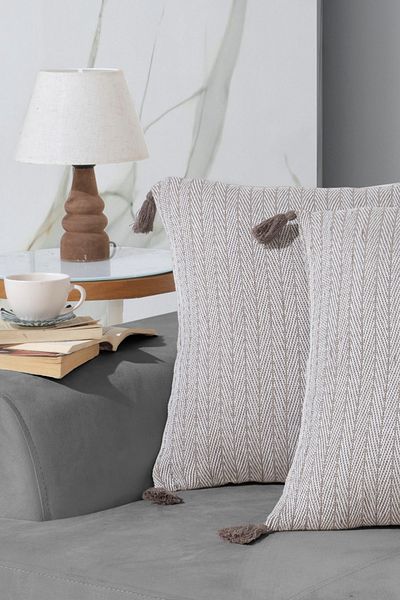 Lux Touch Комплект от 2 възглавници с помпони Vera Brown, 45x45 см, калъфка за възглавница с цип и пискюли
