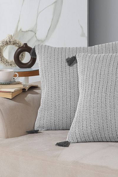 Lux Touch Vera Anthracite 2-Piece Throw Pillow Cover Set - 45x45 cm PomPom ZiPPered Tasseled Pillow Cushion