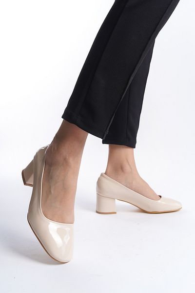 eformoda by emre yılmaz Pantofi de damă din piele lăcuită nudă, eleganti, confortabili, clasici, cu toc gros de 5 cm, DRK022