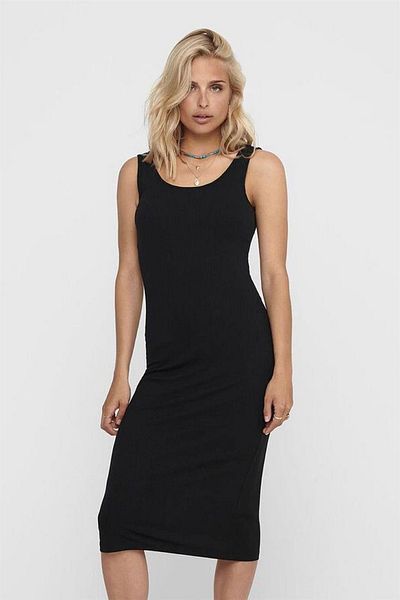 ModaLy Moda Rochie midi neagră, neagră, fără mâneci, cu decolteu în U, din stofă elastică Diver 271