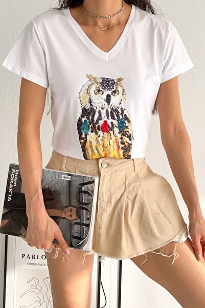 Chiccy Λευκό μπλουζάκι με κοντό μανίκι με παγιέτα πλεκτό με κανονική εφαρμογή