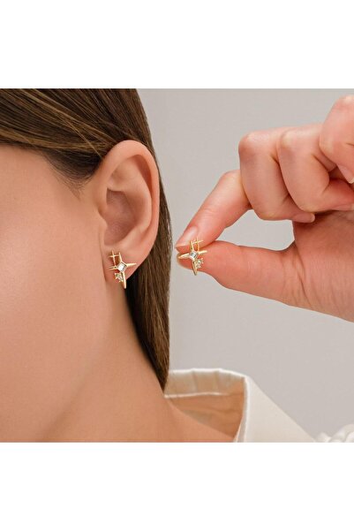 toptanhanem Kuzey Yıldızı Taşlı Tasarım Çelik Gold Küpe |  Kararmaz Antialerjik Küpe