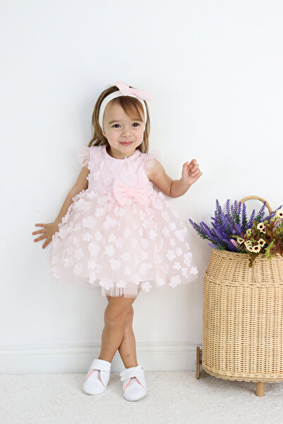 COLORED BABY Kız Bebek Çocuk Pamuk Astarlı 3D Çiçekli Elbise ve Saç Bandı