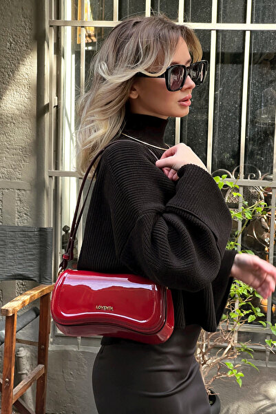 LOVENTA Hera Patent Leather Claret Red Cherry Red Adjustable Strap Baguette Bag