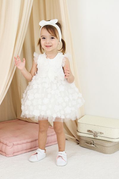 COLORED BABY Baby Girl Kids Cotton Lined 3D Floral Dress and Headband