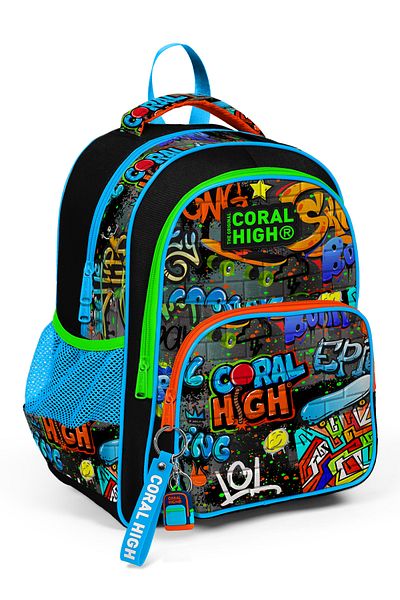 Coral High Kids Black Blue Graffiti Patterned Three Compartment School Backpack 14415