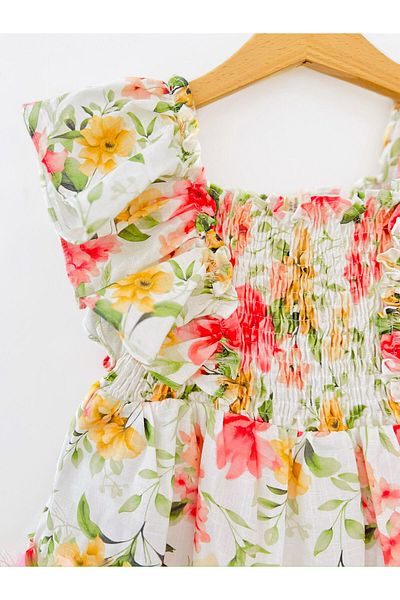 COLORED BABY Girl's Gipe Detailed Ruffle Sleeve Cotton Lined Floral Dress