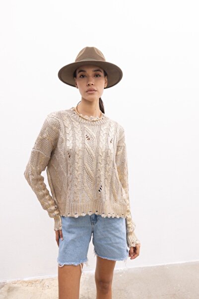 Motto boutique Varaklı Krem Triko Kazak