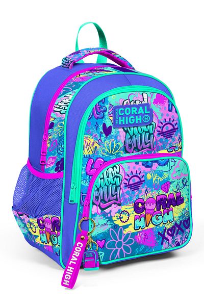 Coral High Kids Lavender Water Green Graffiti Patterned Three Compartment School Backpack 14414