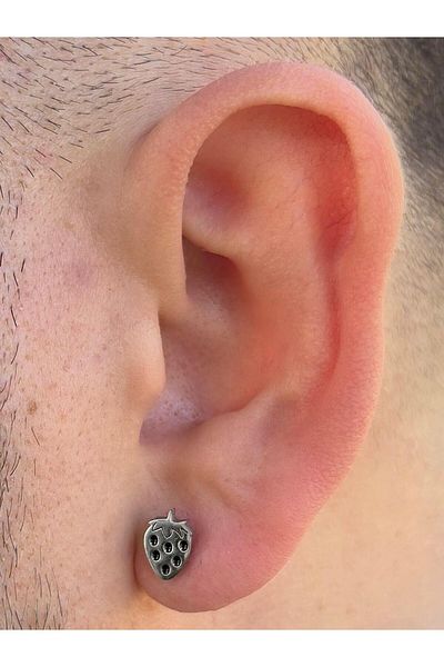 Piercing Market Steel & Silver Men's Steel Special Design Strawberry Figured Earrings No Darkening Fading