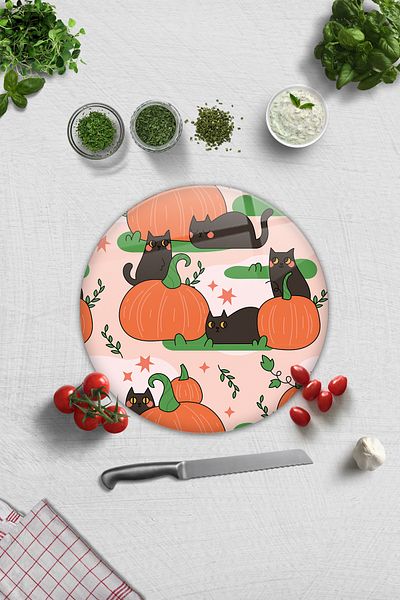 Decorita Diameter 32 Model Glass Cutting Board - Pumpkin and Cat Design