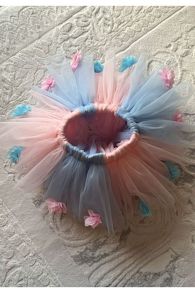 Sare Çocuk Giyim Set de fuste tutu și coroană cu flori în 3 mărimi, roz caramel, albastru